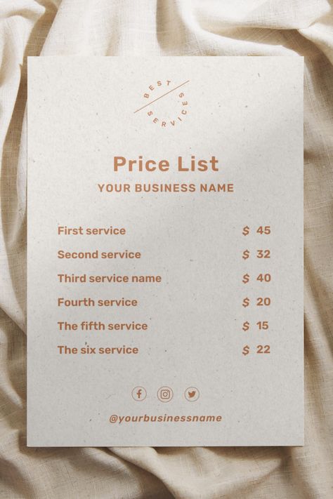 Salon Price List Template, Modern Small Business Price List, Canva Editable Price Sheet, Electronic Pricing Guide, Hair Pricing List, Print Pricelist Aesthetic Design, Price Sheet Design, List Template Aesthetic, Small Business Price List, Aesthetic Small Business, Pricing List, Instagram Grid Design, Price List Design, Salon Price List