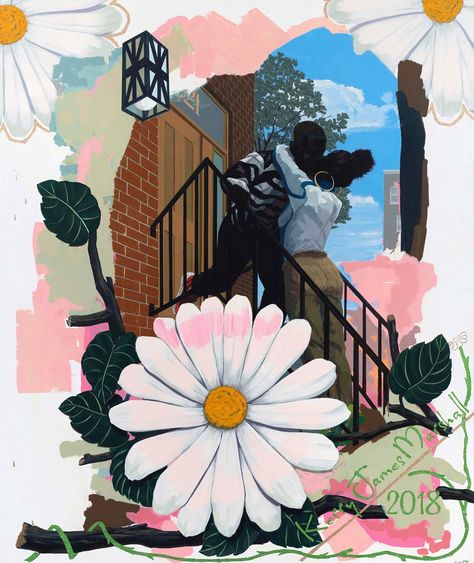 Kerry James Marshall [American, born 1955], "Vignette (The Kiss)" (2018, acrylic on PVC panel). Marshall’s work portrays subjects from the African American experience in the “grand manner”. Marshall juxtaposes this Euro-American tradition with elements of African American vernacular culture in order to reinsert African American subjects & aesthetics into the larger mainstream of America’s artistic & cultural history. Flowers Stairs, Kerry James Marshall, Walker Art Center, Romantic Paintings, San Francisco Museums, National Gallery Of Art, The Kiss, Museum Of Contemporary Art, Art Institute Of Chicago