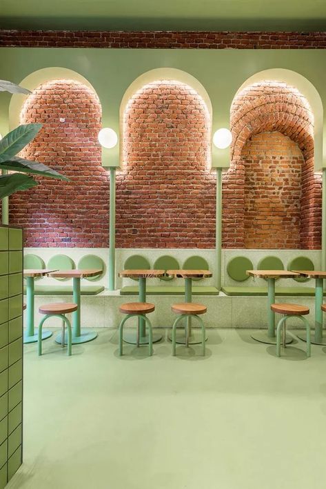 Milan Restaurants, Lavender Color Scheme, Colour Blocking Interior, Bright Color Schemes, Brick Arch, New Architecture, Burger Restaurant, Purple Interior, Green Color Schemes