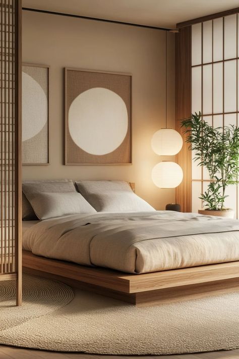 Pin showcasing Japandi style, a fusion of Japanese and Scandinavian aesthetics in home decor, featuring minimalist design. Japanese Design Bedroom, Japandi Bedroom Furniture, French Japanese Interior, Japandi Bedroom Decor, Retro Japandi, Japandi Condo, Calm Bedroom Aesthetic, Japandi Mood Board, Scandinavian Bedroom Nordic