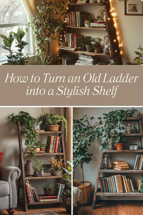 Repurpose an old ladder into a unique and stylish shelf for decor and storage. #UpcycledFurniture #DIYHomeDecor #RusticCharm Diy Plant Ladder, Vintage Ladder Decor, Diy Ladder Shelf, Books And Plants, Plant Ladder, Vintage Ladder, Old Ladder, Diy Ladder, Decor Books