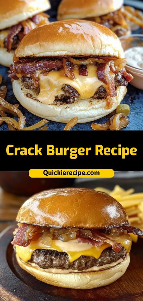 Juicy, cheesy, and packed with bold flavors, this Crack Burger is topped with a creamy ranch bacon sauce for the ultimate burger experience. Perfect for cookouts or weeknight dinners! Ingredients: 1 lb ground beef, formed into patties 1/4 cup ranch dressing 1/2 cup shredded cheddar cheese 1/4 cup cooked bacon, crumbled A mouthwatering burger with all the best flavors in one bite Hamburger Recipes Burgers Easy, Homemade Bacon Burgers, Garlic Overload Burgers, Diner Style Burgers, Best Pan Fried Burgers, Homemade Bacon Cheeseburgers, Bacon Cheddar Burgers, Bacon Smash Burger, Deep Fried Burgers