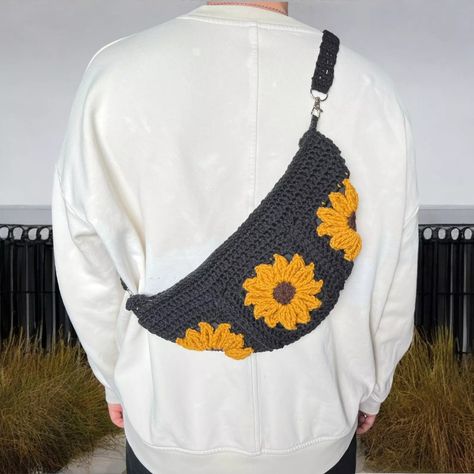 Crochet Crossbody Bag sunflower with lining inside Granny Square black | eBay Crochet Chest Bag, Granny Square Wallet, Granny Square Cross Body Bag, Crochet Fanny Pack, Crochet Crossbody Bag, Granny Square Bag, Crescent Shape, Small Things, Chest Bag