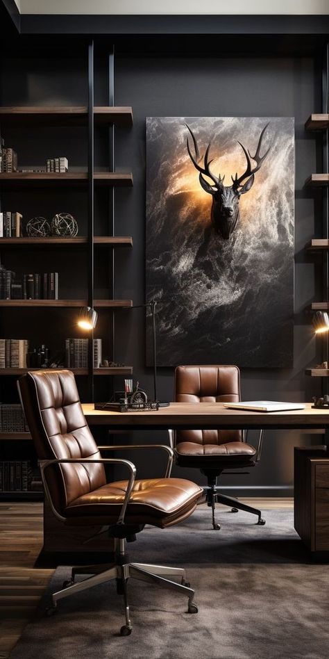 Industrial Home Office Design Ideas, Men Office Design, Masculine Industrial Office, Masculine Office Chair, Guy Office Ideas, Masculine Study Office, Masculin Office, Men’s Office Design, Office Bar Ideas