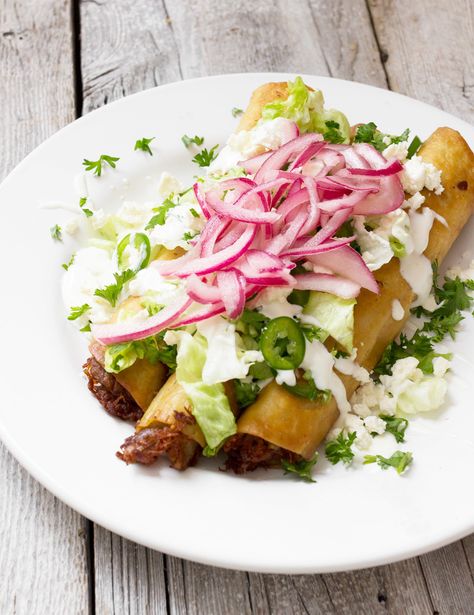 Carnitas Tacos and Carnitas Flautas Carnitas Flautas, Filled Cream Puffs, Mexican Carnitas, Pork Carnitas Tacos, Cannoli Filling, Cannoli Cream, Carnitas Tacos, Quick Pickled Onions, Pork Recipes For Dinner