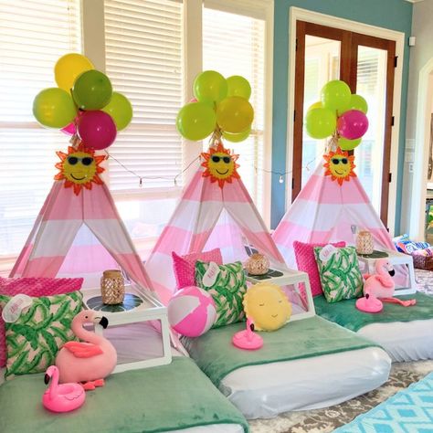 Flamingo Party Sleepover| Hawaiian Themed| Hawaiian Sleepover| Summer Themed Party| Summer Bash| Summer Sleepover| Tropical Party| Tropical Tent Teepee Sleepover| Indoor Sleepover Summer Themed Party, Summer Sleepover, Teepee Sleepover, Sleepover Tents, Party Sleepover, Tropical Birthday Party, Glamping Party, Teepee Party, Summer Bash