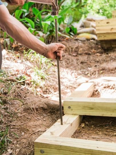 How to Build Outdoor Wood Steps | HGTV Landscape Stairs, Landscape Steps, Patio Steps, Gravel Patio, Sloped Backyard, Garden Stairs, Wood Steps, Exterior Stairs, Outdoor Steps