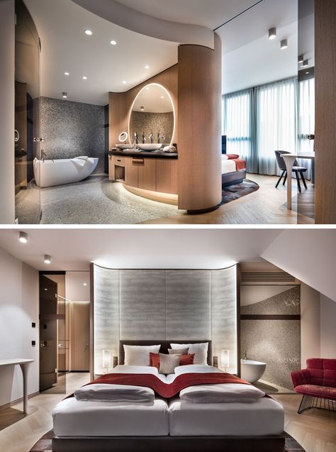 In this modern hotel room, the curved wood bathroom vanity and wall doubles as a curved accent wall for the bed. #HotelRoom #HotelBathroom #AccentWall #CurvedWall Hotel Bedroom Design, Hotel Guestroom, Modern Hotel Room, Hotel Room Interior, Hotel Room Design, Decor Ikea, Hotel Interior Design, Hotel Bedroom, Modern Hotel