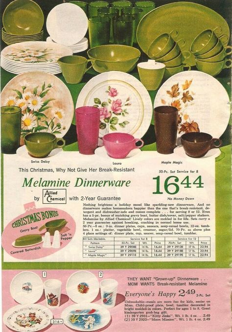 Fifties Kitchen, Melamine Dishes, Catalog Printing, Vintage Cookware, Melamine Dinnerware, Food Ads, Holiday Mood, Vintage Dinnerware, Household Products