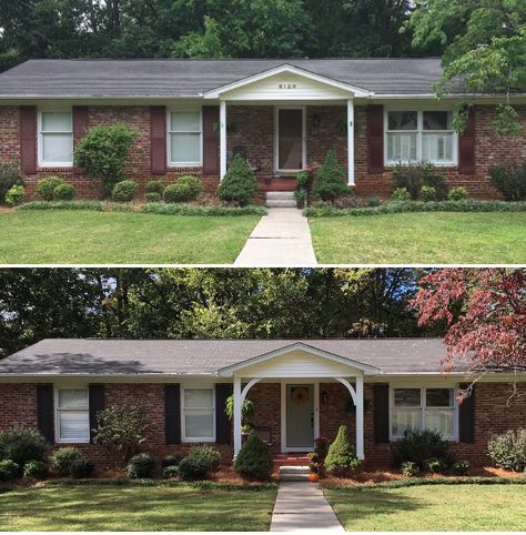 Red brick rancher exterior update Brick Rancher Exterior, Landscape Ideas For Red Brick House, Brick Rancher Remodel, Red Brick Home Exterior Ideas, Red Brick Landscaping, Shutters For Red Brick House, Red Brick Ranch Curb Appeal, Red Brick Ranch House, Red Brick House Curb Appeal