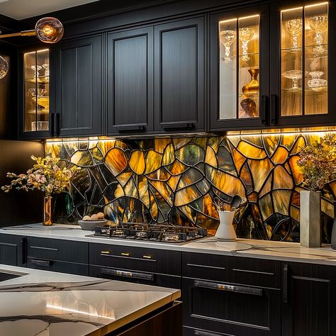 Brighten Your Kitchen: The Elegance of Stained Glass Backsplashes Stained Glass Kitchen Sink, Stained Glass Kitchen Cabinets, Stained Glass Kitchen, Black Kitchen Countertops, Glass Kitchen Cabinets, Kitchen Backsplash Ideas, Artistic Space, Custom Stained Glass, Glass Backsplash