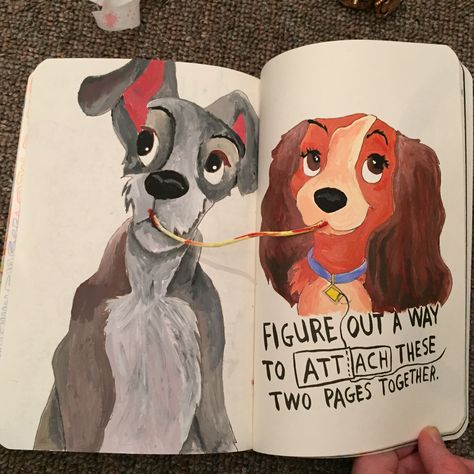 Lady and the tramp ❤️ Disney wreck this journal Drawing Ideas Disney, Wreck This Journal Everywhere, Drawing Concepts, Bottle Flowers, Journal Article, Create This Book, Plastic Bottle Flowers, Wreck This Journal, Creative Journal