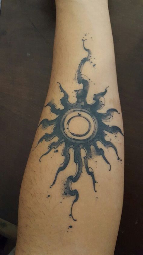 Sun Tattoo Arm Half Sleeves, Sun Flare Tattoo, Edgy Sun Tattoo, Sun Eclipse Tattoo, Burning Sun Tattoo, Men’s Sun Tattoo, Blackwork Sun Tattoo, Sun Themed Tattoos, Squiggly Sun Tattoo