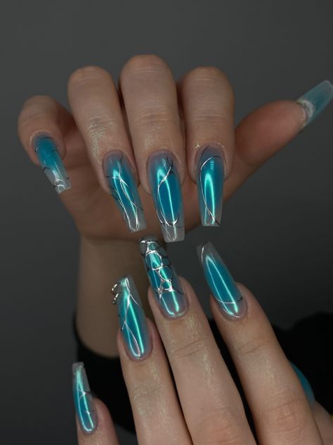 Teal Aura Nails, Turquoise Chrome Nails, Miku Nails, Hatsune Miku Concert, Miku Concert, Nature Nail Art, Blue Green Nails, Turquoise Nail Art, Claw Game