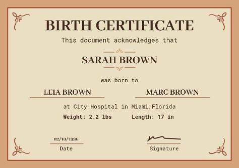 Vintage Simple Sarah Birth Certificate Birth Certificate Online, Birthday Certificate, Identity Card Design, Ielts Certificate, Birth Certificate Template, Free Certificate Templates, Award Template, Birth Records, School Certificates