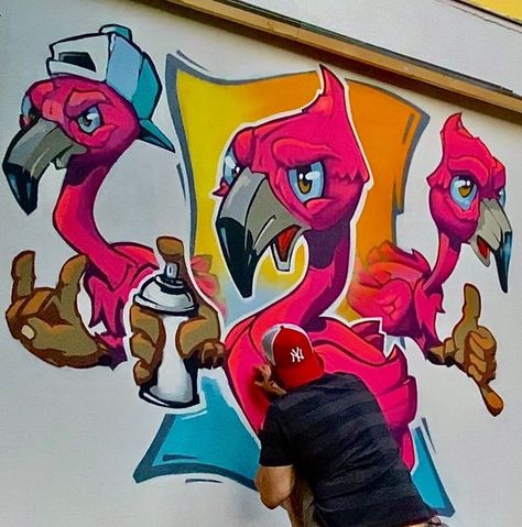 Flamingo Graffiti, Flamingo Drawing, Berlin Graffiti, Mural Inspiration, Flamingo Illustration, Spray Can Art, 3d Graffiti, Characters Inspiration, Logo Character