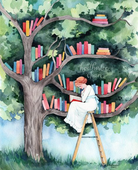 Tree Library, 동화 삽화, Magical Tree, Library Art, Reading Art, The Reader, 수채화 그림, Art Et Illustration, Whimsical Illustration