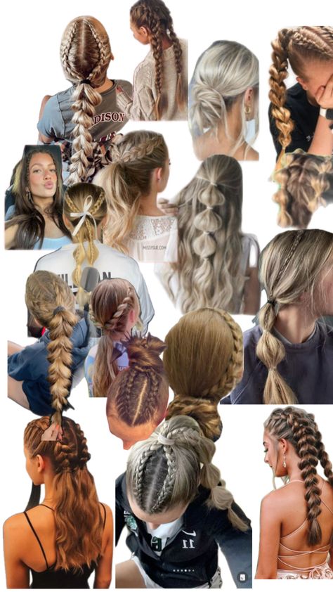 #hairstyles #sports #cute #hair Easy Football Hairstyles, Soccer Mom Makeup, Sports Pictures Hairstyles, Easy Hairstyles Sports, Braid Hairstyles Sports, Hairstyles For Cross Country, Soccer Game Day Hairstyles, Climbing Hairstyles, Full Week Of Hairstyles