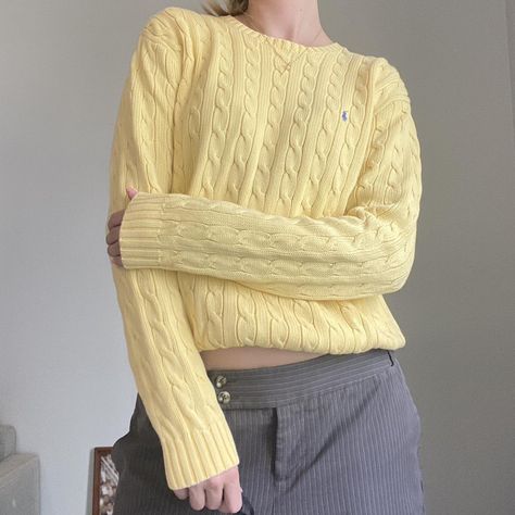 Pale yellow Ralph Lauren Spring Sweater🌸✨ Butter Yellow Sweater, Ralph Lauren Cable Knit Sweater Outfits, Cable Knit Sweater Outfit, Ralph Lauren Cable Knit Sweater, Classic Ralph Lauren, Ralph Lauren Cable Knit, Knit Sweater Outfit, Daily 3, Yellow Outfit