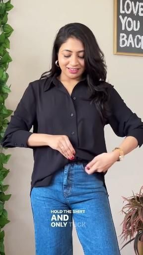 Shirt tuck in fashion style hack #shirthack #hacks #stylehacks #fashionhacks #haul #fyp #shorts Styling Shirt With Jeans, Dress Shirt And Jeans Women, Shirt Tuck In Ideas, Shirt Tuck In Style, Tuck A Shirt Hack, Jeans With Shirt Outfit Women, Dressing Styles For Women Casual, Work Shirt Outfits Women, How To Wear Collared Shirts