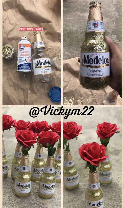 Glitter beer bottle centerpieces. Perfect for a Mexican theme party. Modelo beer bottle. Modelo Bottle Centerpieces, Mexican Theme Party Decorations For 15, Modelo Centerpieces, Modelo Birthday Party, Modelo Party Theme, Mexican Centerpieces, 21st Birthday Centerpieces, Beer Bottle Centerpieces, Mexican Centerpiece