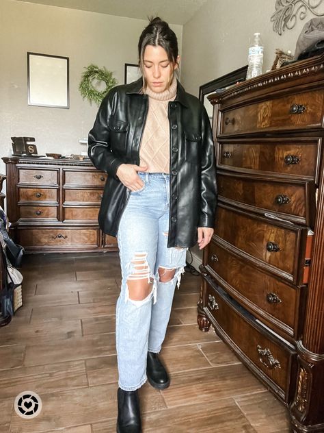 Casual Leather Pants With Shacket, Faux Leather Shacket Outfit, Black Faux Leather Shacket Outfit, Leather Shacket Outfit Women, Oversized Faux Leather Jacket For Fall, Oversized Casual Faux Leather Outerwear, Black Leather Shacket, Leather Shacket Outfit, Shacket Outfits