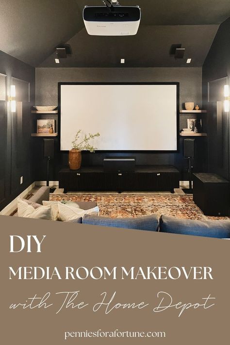 Open Loft Game Room Ideas, Diy Media Room Ideas, Cinema Room Ideas Decor, Diy Basement Movie Theater, Spare Bedroom Movie Room, Small Room Home Theater, Movie Signs Diy Home Theaters, Basement Movie Theater On A Budget, Small Tv Room Ideas Cozy Dark