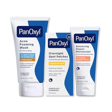 PanOxyl Before Bed Skincare Routine Bundle - Acne Foaming Wash Benzoyl Peroxide 10%, PM Overnight Spot Patches & PM Balancing Repair Moisturizer Bed Skincare, Spot Patches, Face Products, Benzoyl Peroxide, 10 Pm, Dermatologist Recommended, Before Bed, Body Moisturizer, Skincare Routine