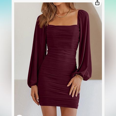 New With Tags Wine/ Purple Red Dress Long Sleeves That Can We Worn On Top Or Side Of Shoulders. Ruched Sides And Back Maroon Homecoming Dress, Long Sleeve Homecoming Dresses, Hoco Dresses Long Sleeve, Red Long Sleeve Dress, Tight Mini Dress, Red Homecoming Dresses, Long Sleeve Cocktail Dress, Homecoming Dresses Long, Dress Stretch