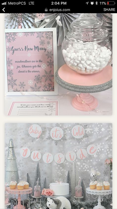 Snowflake Baby Shower Dessert Table, Pink Winter Wonderland Party Centerpieces, Winter Shower Favors, Pink Winter Balloon Arch, A Snowflake Is On The Way, Winter Wonderland Pink Baby Shower Ideas, Pink And White Christmas Baby Shower, Pink And White Winter Wonderland, Baby Its Cold Outside Baby Shower Decor Ideas