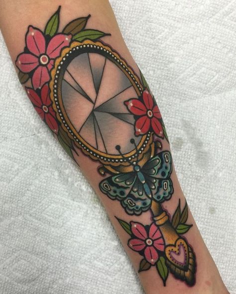 Mirror Tattoo Traditional, Katie Mcgowan, Girly American Traditional Tattoo Ideas, Dark Sleeve, Mirror Tattoo, Mirror Tattoos, Neo Tattoo, Traditional Tattoo Inspiration, Traditional Style Tattoo