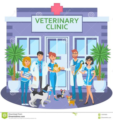 Cartoon group of joyful veterinarians with pets. Hospital Illustration, Cartoons Group, Pet Hospital, Veterinary Services, Vet Clinics, Pet Clinic, Veterinary Clinic, Health And Happiness, All About Animals