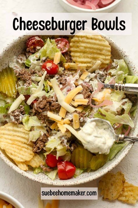 These Cheeseburger Bowls rival a juicy cheeseburger and are a great option for low-carb living. Pickle Ranch Dressing, Cheeseburger Bowls, Dill Pickle Ranch, Pickle Ranch, Homemaker Recipes, Delicious Burger Recipes, Quick Soup, Quick Pasta, Dill Pickles