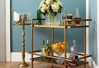 In Good Spirits Wood Bar Cart, Wine Stand, Bar Cart Styling, Small Hallways, Wood Bar, Formal Living Rooms, Home Room Design, Everly Quinn, Wooden Shelves