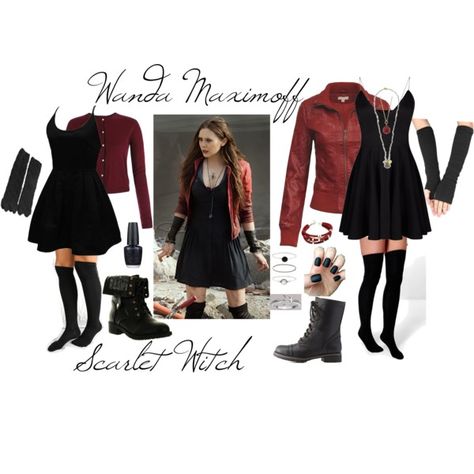 Disneybound Scarlet Witch, Aou Wanda Outfit, Scarlet Witch Casual Outfit, Marvel Character Outfits, Wanda Disneybound, Simple Marvel Costumes, Huffle Puff Outfits, Scarlett Witch Outfit, Wanda Outfit Ideas