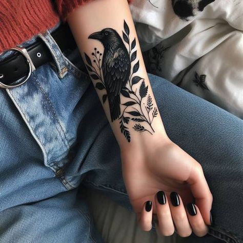 93 Elegant Raven Tattoo Designs That Will Change Your Life – Tattoo Inspired Apparel Raven Tattoo Shoulder Women, Raven Spine Tattoo, Twin Raven Tattoo, Raven Tattoo Feminine Forearm, Pretty Raven Tattoo, Owl Raven Tattoo, Raven Tattoo Ribs, Crow Tattoo With Flowers, Dark Theme Tattoo Sleeve