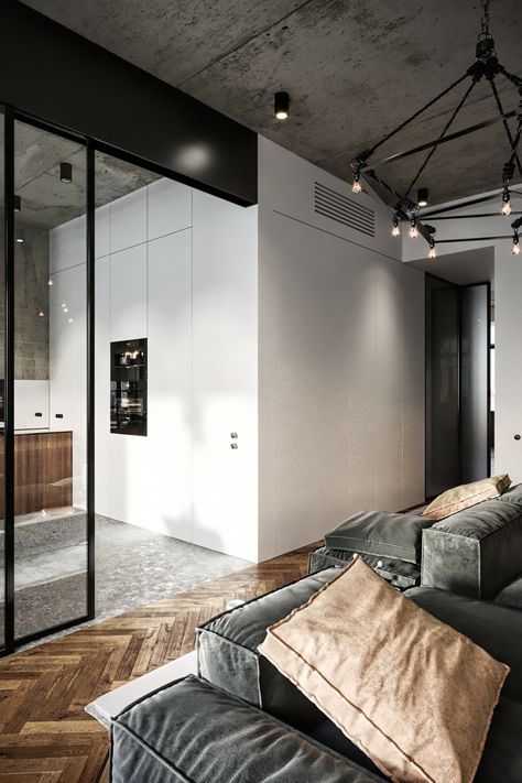 Concrete Apartment, Oradea Romania, Modern Apartment Living Room, Loft Interior Design, Industrial Minimalist, Loft Interiors, Modern Loft, Industrial House, Cool Apartments