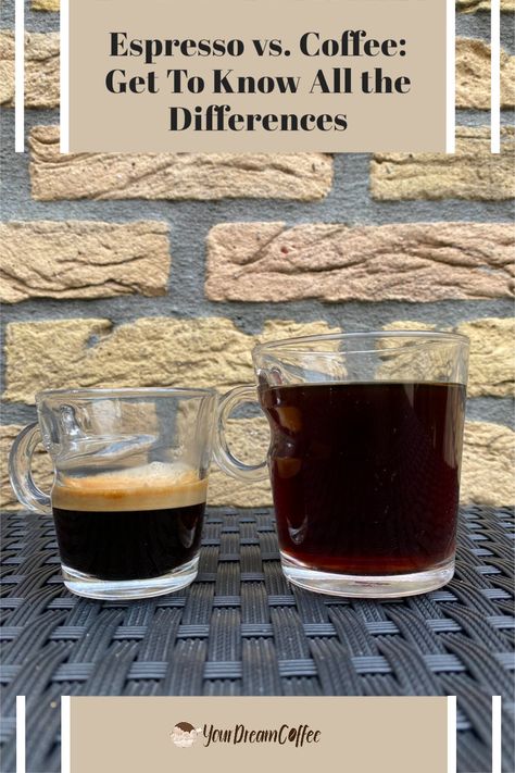 The difference between coffee and espresso is in how they're made. Coffee usually has a more mellow flavor, while espresso tends to have a stronger taste with less water content. Find out all about what makes these two drinks so different from each other! Espresso Vs Coffee, Espresso Beverages, Long Black Coffee, Coffee House Cafe, Types Of Coffee Beans, Espresso Recipes, Double Espresso, Caffeine Content, Espresso Drinks