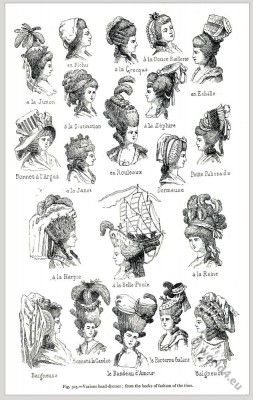 Hairstyles France 18th century. Various head-dresses. 1900s Hats, Rococo Hair, 18th Century Hairstyles, 18th Century Hair, 18th Century Wigs, Historical Hats, Antique Dresses, Rococo Fashion, Ladies Hats