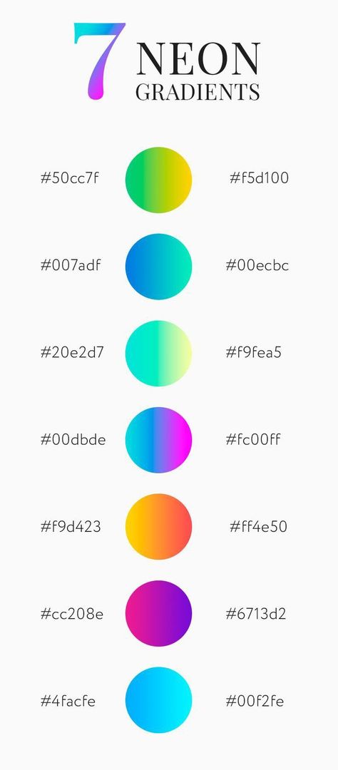 Seven bright and juicy neon gradients For any design Neon Gradient Palette, Neon Color Gradient, Gradient Color Design Colour Palettes, Logo Gradient Color, Neon Colours Palette, Bright Color Palette Neon, Neon Logo Ideas, Neon Color Palette Bright Colours, Neon Palette Color