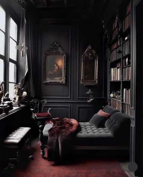 47 Sophisticated Gothic Home Decor Ideas - Shelterness Gothic Home Library, Modern Gothic Dining Room, Outdoor Patterned Tiles, Modern Gothic Living Room, Modern Goth Home, Gothic Dining Room, Gothic Home Interior, Goth Living Room, Gothic Home Decor Ideas