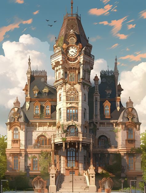 Steampunk School Building, Victorian Mansion Concept Art, Cool Buildings Architecture Old, Fantasy Building Interior, Old World Buildings, Fantasy Government Building, Fantasy Library Exterior, Steam Punk Buildings, Steampunk Building Concept Art