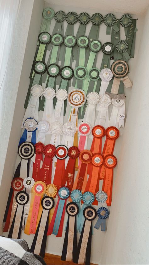 Diy Horse Room Decor, Ribbon Hanging Ideas Horse, Equestrian Ribbon Wall, Horse Rosette Display, Horses Room Ideas Bedrooms, Ribbon Display Ideas Horse, Horse Show Ribbon Display Ideas, Equestrian Ribbon Display Ideas, Equestrian Bedroom Ideas