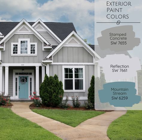 Teal House Paint Exterior, Blue Green Exterior House Colors Sherwin Williams, Gray Beach House Exterior, Light Gray House Exterior White Trim, Grey Blue Exterior House Colors, Greige Exterior House Colors, Blue Gray Exterior House Colors, Coastal Exterior House Colors, Best House Colors Exterior