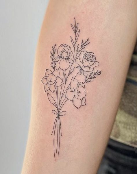 Tattoo Bouquet, Birth Flower Bouquet Tattoo, Flower Bouquet Tattoo, Birth Flower Bouquet, Birthday Flowers Bouquet, Bouquet Tattoo, Poppies Tattoo, Birth Flower Tattoos, Red Tattoos