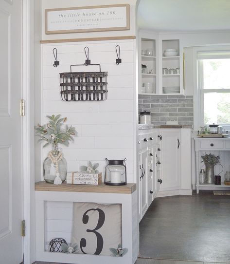 The entryway peeking into the kitchen- it’s come a long way! Front Entry Into Kitchen, Back Door Entry Ideas Into Kitchen, Entryway Into Kitchen, Entry Into Kitchen, Garage Entryway, Farmhouse Rustic Kitchen, Front Foyer, Entry Mudroom, Separate Kitchen