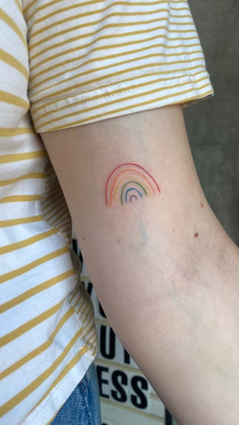 Fine line tattoo Brooklyn, New York Subtle Rainbow Tattoo, Line Rainbow Tattoo, Pride Line Art, Fine Line Colour Tattoo, Rainbow Line Tattoo, Colored Fine Line Tattoo, Tiny Rainbow Tattoo, Subtle Queer Tattoos, Color Line Tattoo