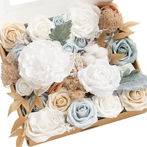 Amazon.com: Ling's Moment Artificial Flowers and Greenery Combo, Tawny Beige and Powder Blue Theme for DIY Wedding Bouquets Centerpieces and Floral Arrangements : Home & Kitchen Beige And Blue Wedding Theme, Blue And Nude Wedding, Diy Wedding Bouquets, Boho Wedding Theme, 50 Birthday, Flowers And Greenery, Blue Themed Wedding, Blue Wedding Flowers, Brown Wedding