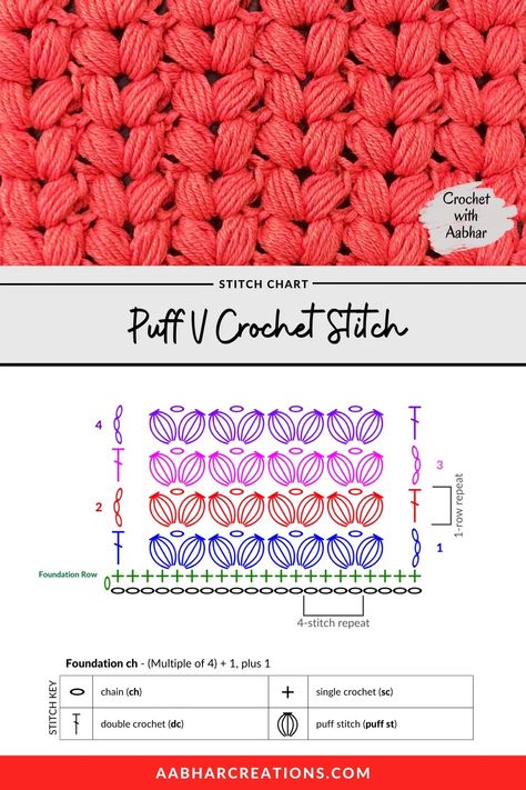 V Crochet Stitch, Crochet Stitch Chart, Crochet Blanket Stitches, Crochet Puff Stitch, Crochet Stitch Pattern, V Stitch Crochet, Blanket Stitches, Puff Stitch Crochet, Modern Crochet Blanket