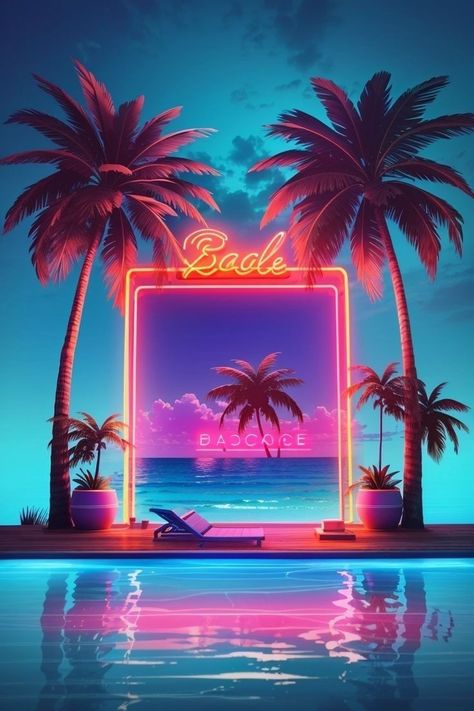 Neon Tropical Aesthetic, Tropical Paradise Aesthetic, Paradise Illustration, Neon Pool Parties, Miami Beach Party, Gold Graphic Design, Wave Aesthetic, Pool Parties Flyer, Tropical Neon